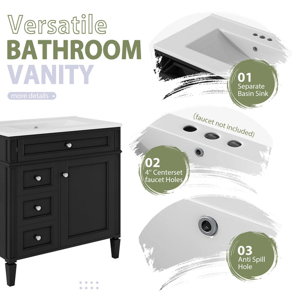 English Elm 30'' Modern Bathroom Vanity with Integrated Mirror Cabinet, Ceramic Sink, 3 Drawers & Ample Storage Black SW000126AAB-1