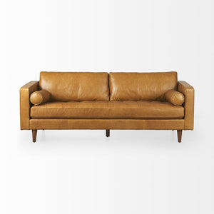 HomeRoots 88 Inch Tan Leather Sofa with Accent Toss Pillows for Modern Living Rooms 730882
