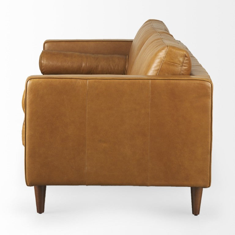 HomeRoots 88 Inch Tan Leather Sofa with Accent Toss Pillows for Modern Living Rooms 730882