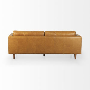88 Inch Tan Leather Sofa with Accent Toss Pillows for Modern Living Rooms