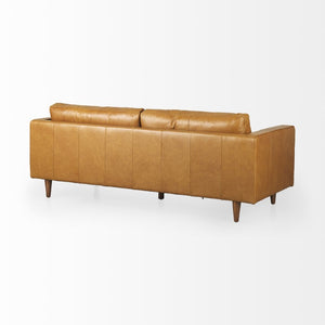 88 Inch Tan Leather Sofa with Accent Toss Pillows for Modern Living Rooms