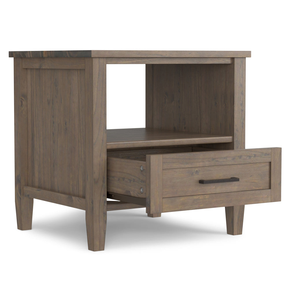 English Elm Ela Handcrafted Solid Wood End Table in Smoky Brown Finish with Drawer & Open Shelf, 18"x20" B136P203477