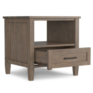English Elm Ela Handcrafted Solid Wood End Table in Smoky Brown Finish with Drawer & Open Shelf, 18"x20" B136P203477