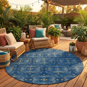 8 Ft Round Geometric Polyester Area Rug Washable Indoor Outdoor Patio Navy Blue