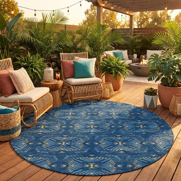 8 Ft Round Geometric Polyester Area Rug Washable Indoor Outdoor Patio Navy Blue