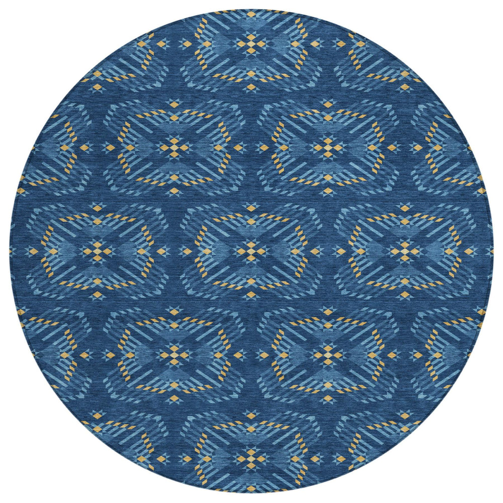 HomeRoots 8 Ft Round Geometric Polyester Area Rug Washable Indoor Outdoor Patio Navy Blue 730916
