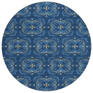 HomeRoots 8 Ft Round Geometric Polyester Area Rug Washable Indoor Outdoor Patio Navy Blue 730916