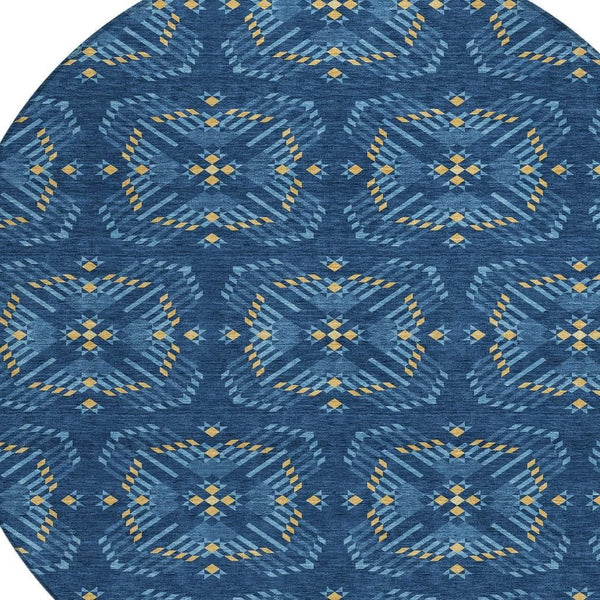 8 Ft Round Geometric Polyester Area Rug Washable Indoor Outdoor Patio Navy Blue