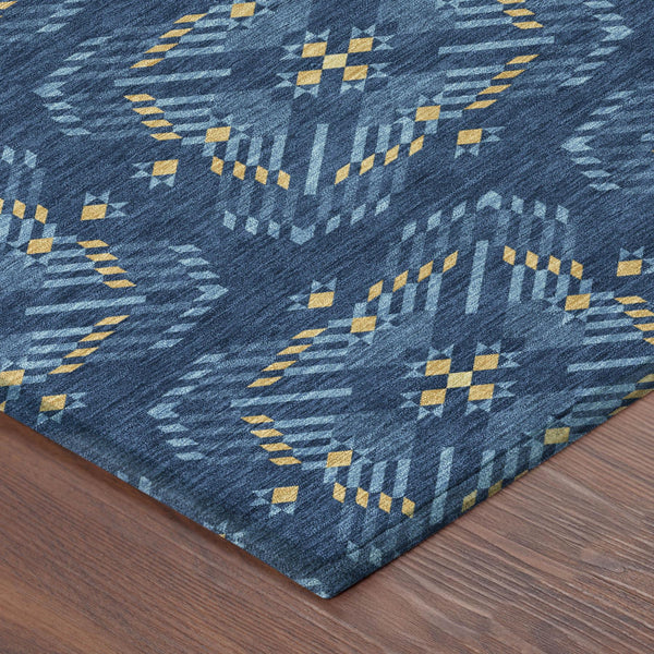 8 Ft Round Geometric Polyester Area Rug Washable Indoor Outdoor Patio Navy Blue