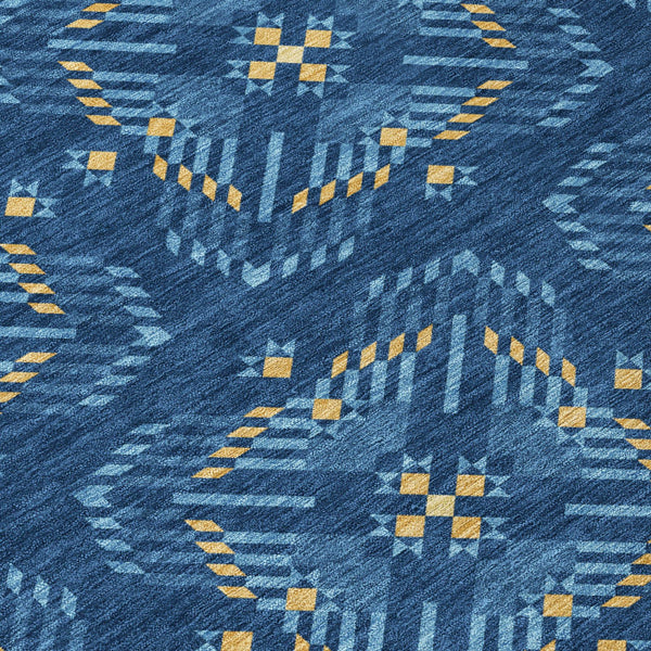8 Ft Round Geometric Polyester Area Rug Washable Indoor Outdoor Patio Navy Blue