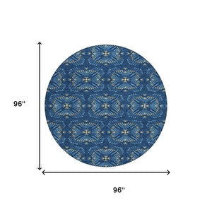 8 Ft Round Geometric Polyester Area Rug Washable Indoor Outdoor Patio Navy Blue