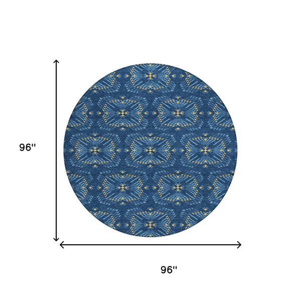 8 Ft Round Geometric Polyester Area Rug Washable Indoor Outdoor Patio Navy Blue