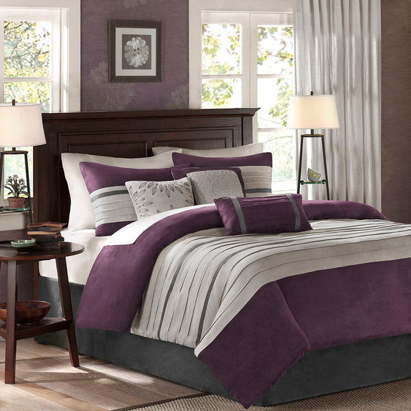 English Elm 7 Pc Faux Suede Comforter Set In Plum & Grey - Luxurious Cal King Bedding With Decorative Accents B03596911