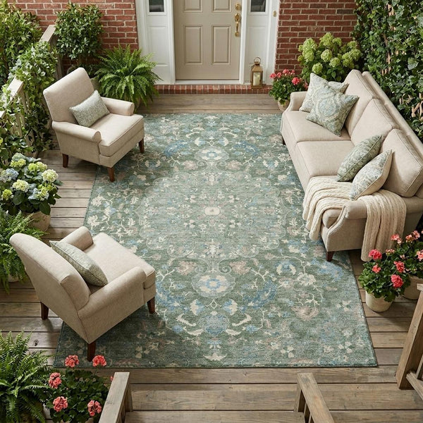 9x12 Floral Medallion Polyester Area Rug Washable Uv Resistant Indoor Outdoor Use