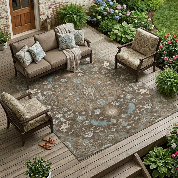 10x14 Floral Medallion Polyester Area Rug for Indoor Outdoor Washable Spaces