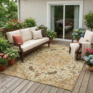5x8 Gold Copper Floral Medallion Polyester Washable Rug for Indoor Outdoor Spaces