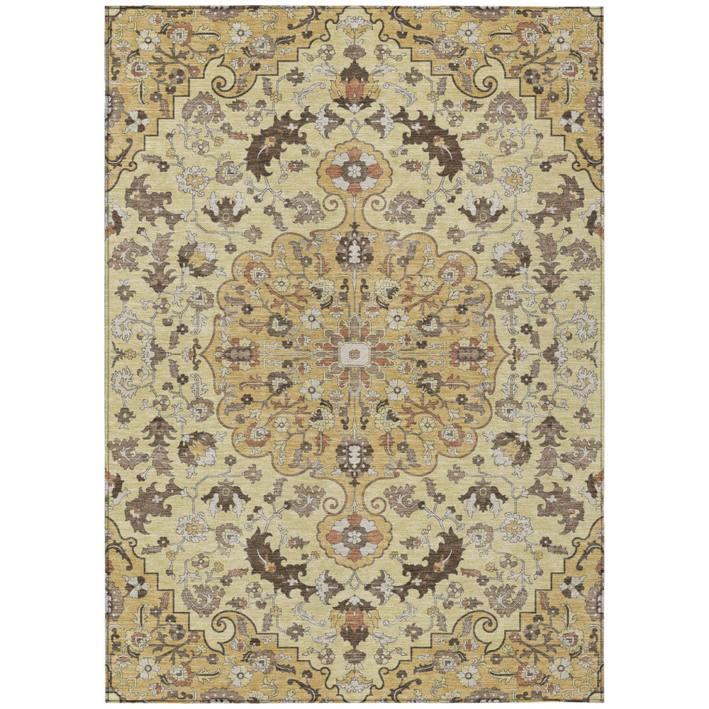 HomeRoots 5x8 Gold Copper Floral Medallion Polyester Washable Rug for Indoor Outdoor Spaces 730939