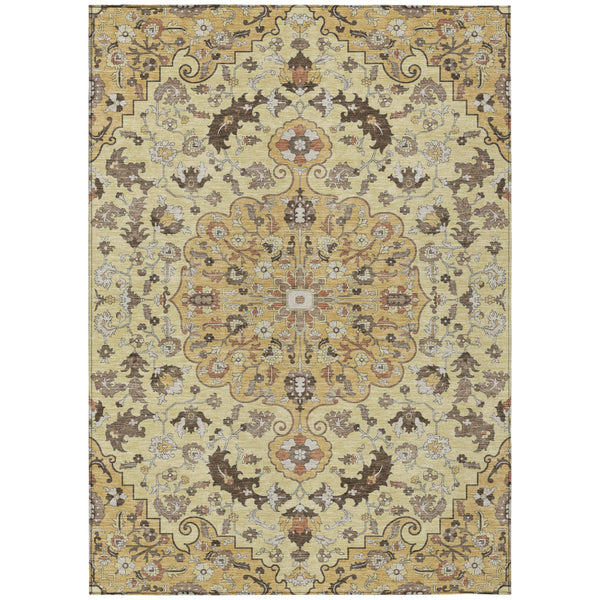 HomeRoots 5x8 Gold Copper Floral Medallion Polyester Washable Rug for Indoor Outdoor Spaces 730939