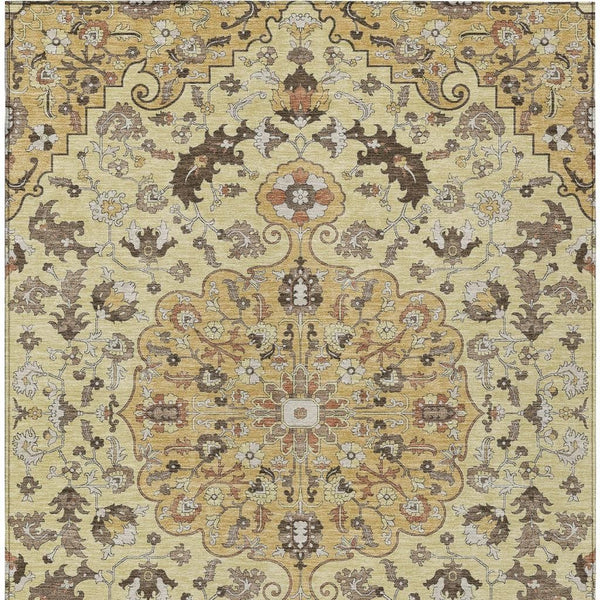 5x8 Gold Copper Floral Medallion Polyester Washable Rug for Indoor Outdoor Spaces