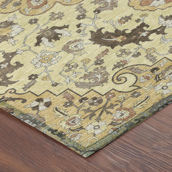 5x8 Gold Copper Floral Medallion Polyester Washable Rug for Indoor Outdoor Spaces