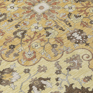 5x8 Gold Copper Floral Medallion Polyester Washable Rug for Indoor Outdoor Spaces