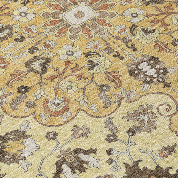 5x8 Gold Copper Floral Medallion Polyester Washable Rug for Indoor Outdoor Spaces