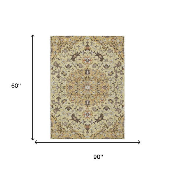 5x8 Gold Copper Floral Medallion Polyester Washable Rug for Indoor Outdoor Spaces
