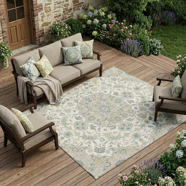 9x12 Floral Medallion Indoor Outdoor Washable Rug Ivory Beige Polyester Uv Resistant