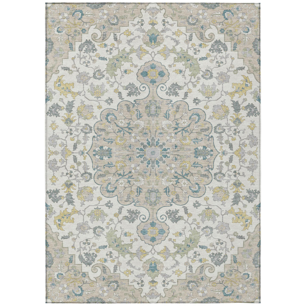 HomeRoots 9x12 Floral Medallion Indoor Outdoor Washable Rug Ivory Beige Polyester Uv Resistant 730948