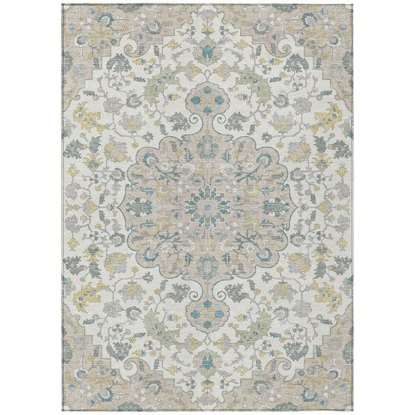 HomeRoots 9x12 Floral Medallion Indoor Outdoor Washable Rug Ivory Beige Polyester Uv Resistant 730948