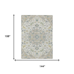 9x12 Floral Medallion Indoor Outdoor Washable Rug Ivory Beige Polyester Uv Resistant