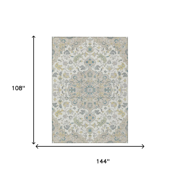 9x12 Floral Medallion Indoor Outdoor Washable Rug Ivory Beige Polyester Uv Resistant