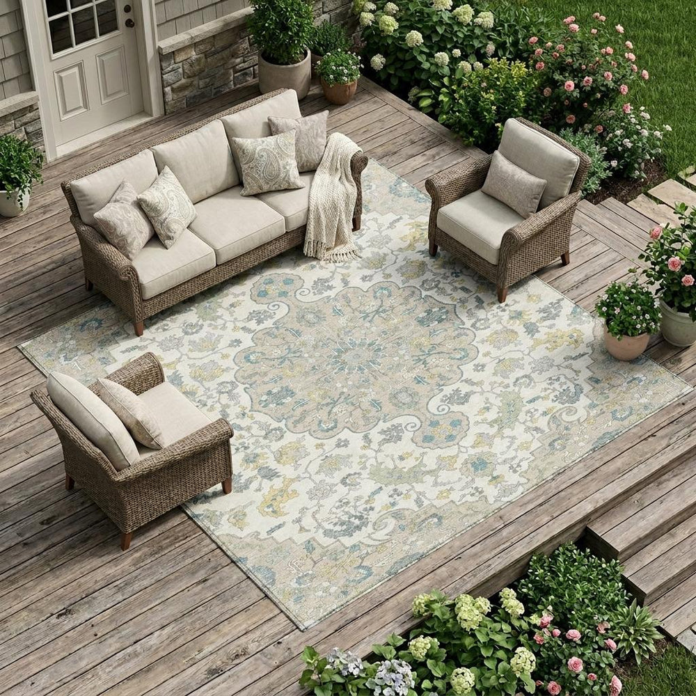 10 Ft Washable Polyester Floral Medallion Indoor Outdoor Rug Ivory Beige Patio
