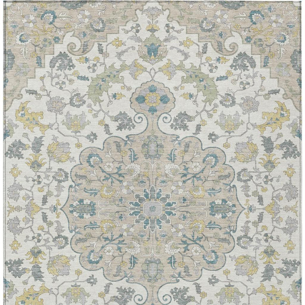 10 Ft Washable Polyester Floral Medallion Indoor Outdoor Rug Ivory Beige Patio