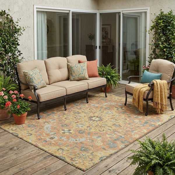 Floral Medallion Washable Indoor Outdoor Polyester Area Rug for Patios and Living Rooms