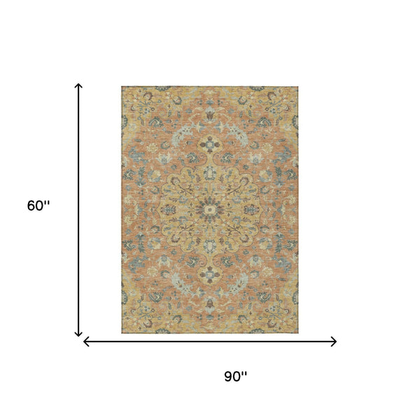 Floral Medallion Washable Indoor Outdoor Polyester Area Rug for Patios and Living Rooms