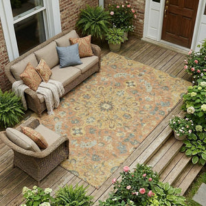 Floral Medallion Washable Indoor Outdoor Polyester Area Rug for Patios and Living Rooms