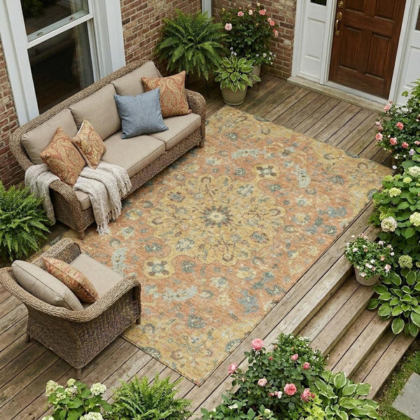 Floral Medallion Washable Indoor Outdoor Polyester Area Rug for Patios and Living Rooms
