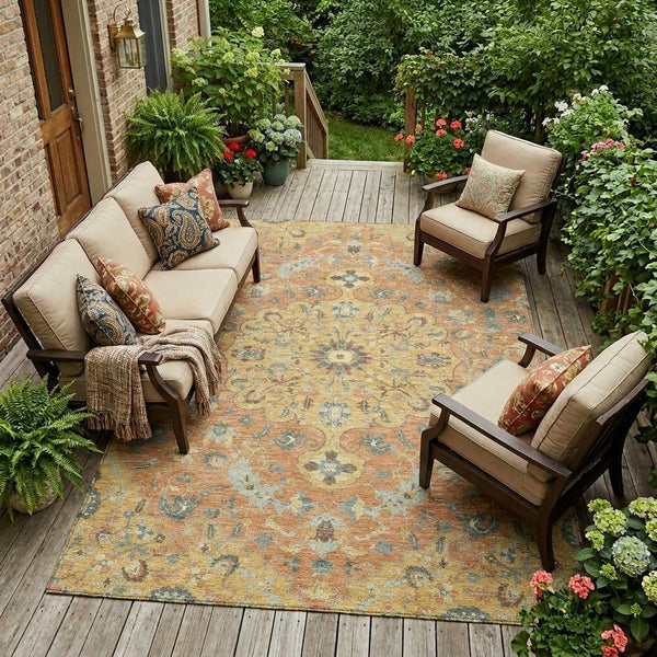 Floral Medallion Washable Indoor Outdoor Polyester Area Rug for Patios and Living Rooms