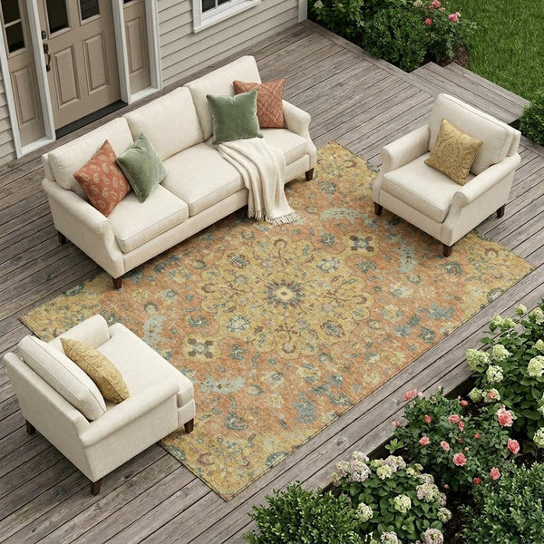 Floral Medallion Washable Indoor Outdoor Polyester Area Rug for Patios and Living Rooms