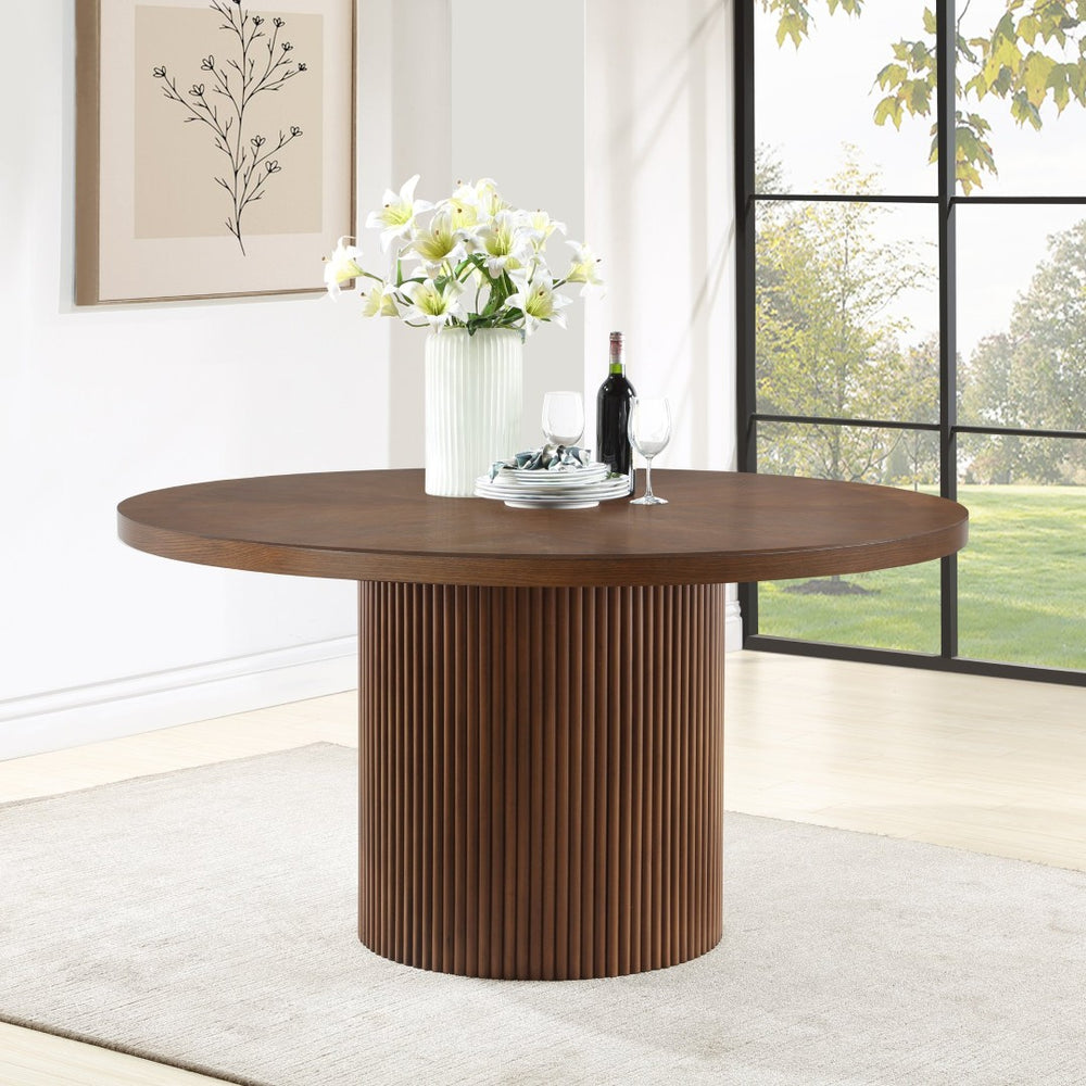 Meridian Furniture Belinda Oak Veneer Dining Table with Fluted Sculptural Base for Stylish Modern Rooms 60 inches Brown 730Brown-T