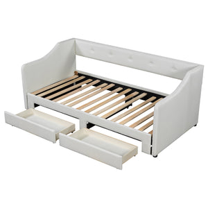 English Elm Twin XL Upholstered Daybed with Two Drawers — Convertible King Sofa Bed, Buttoned Back, Linen Upholstery Beige DL002056AAA