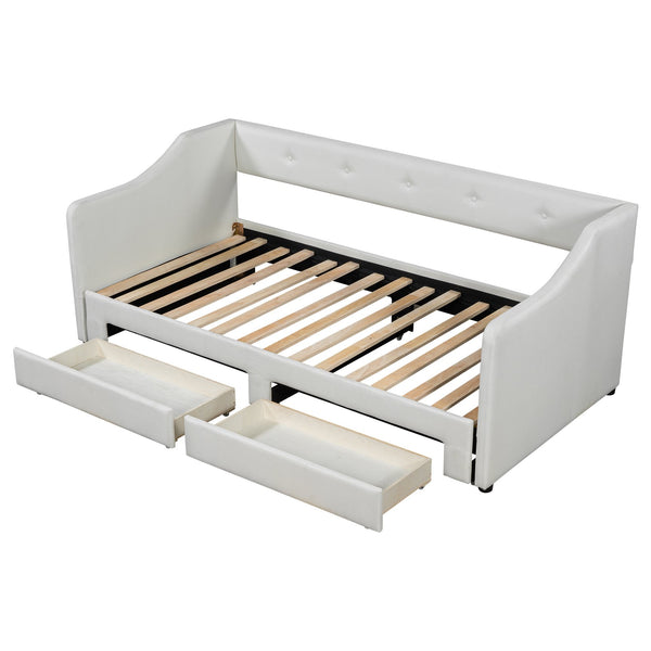 English Elm Twin XL Upholstered Daybed with Two Drawers — Convertible King Sofa Bed, Buttoned Back, Linen Upholstery Beige DL002056AAA