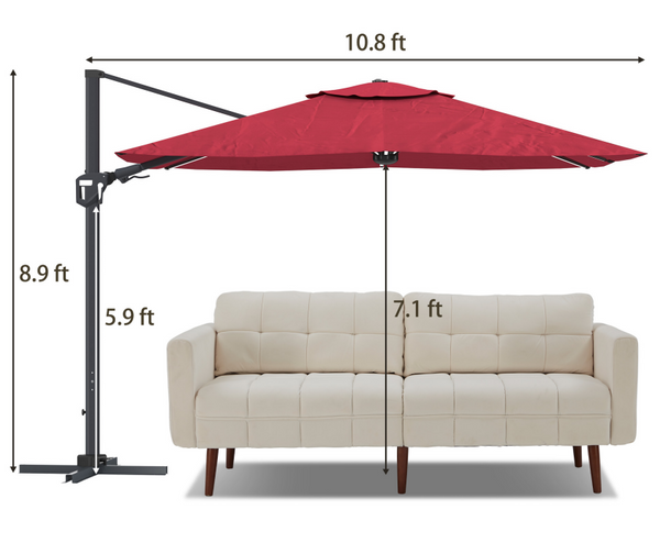 English Elm 11Ft Square Cantilever Patio Umbrella In Vibrant Red With Led Light - Perfect For Outdoor Relaxation T3609P347436