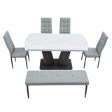 English Elm 63" Modern Style 6-Piece Dining Table With 4 Chairs & 1 Bench, Table With Marbled Veneers Tabletop and V-Shaped Table Legs (White)