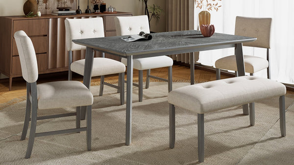 English Elm Retro Dining Table for 6 — Minimalist Rectangular MDF Top with LVL Rubberwood Legs, 220lb Capacity, Modern Dining centerpiece Gray N752P294999E