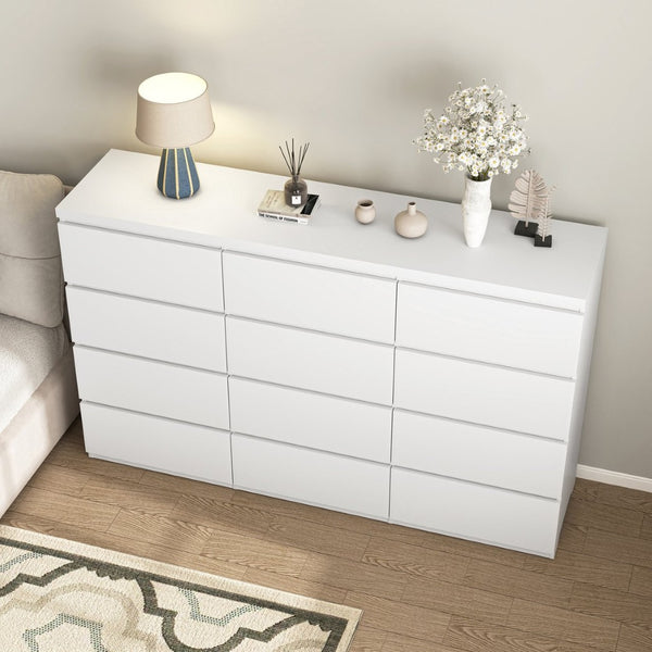 English Elm 12 Drawer Wide Double Dresser Modern Symmetrical Wood Storage Chest for Bedroom W409S00018