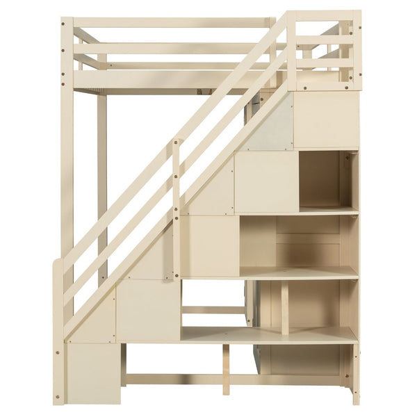 English Elm Full Size Loft Bed with Wardrobe Dressing Mirror Usb Ports and Teen Room Storage LT000276AAA