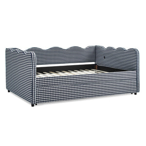 English Elm Full Size Gingham Linen Daybed with Wave Backrest Trundle and Usb Charging Port Navy W1413S00140