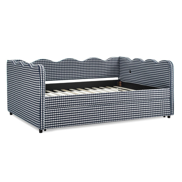 English Elm Full Size Gingham Linen Daybed with Wave Backrest Trundle and Usb Charging Port Navy W1413S00140